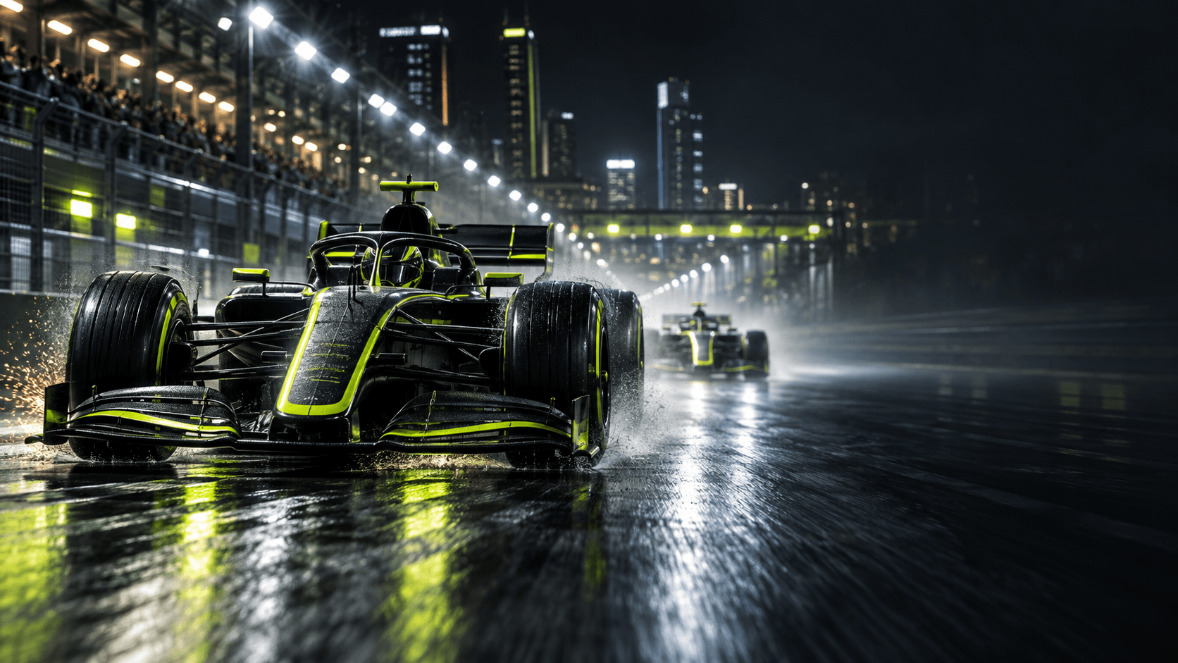 Open-wheel race cars on a wet night circuit